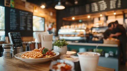 A busy cafe features a wooden table with waffles, toppings, and coffee while staff serve customers in the background.