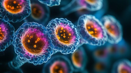 Close-up of monkeypox virus cells under a microscope, vibrant colors highlighting the viral structure
