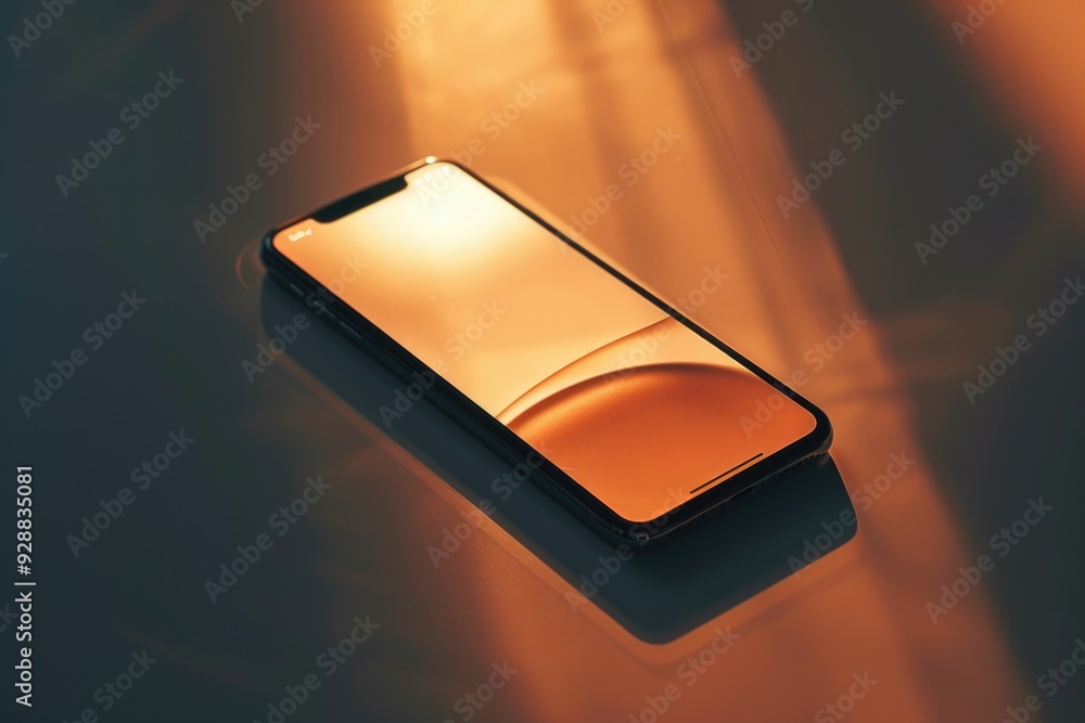 Poster a close-up shot of a cell phone lying on a table, with the screen and buttons visible