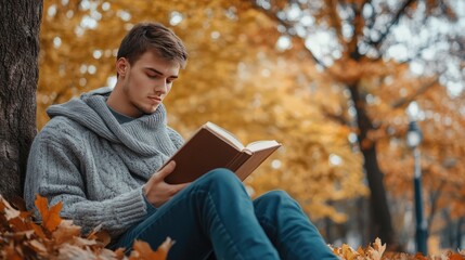 Obraz premium A young man sitting and reading a book against the autumn landscape in the autumn park. The generation of AI