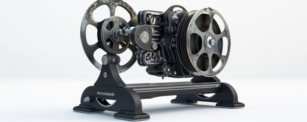 Vintage film projector on white background, 4K hyperrealistic photo