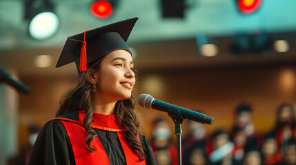 A young woman in a black and red graduation gown and cap with a tassel gives a speech at a university ceremony, standing at a microphone on stage