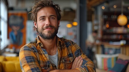 Obraz premium Portrait of a smiling man with messy hair in a plaid shirt, sitting with his arms crossed in a coffee shop.