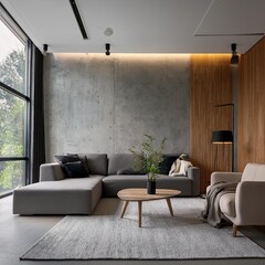 Minimalist Living Room Design with Concrete Walls and Modern Furniture