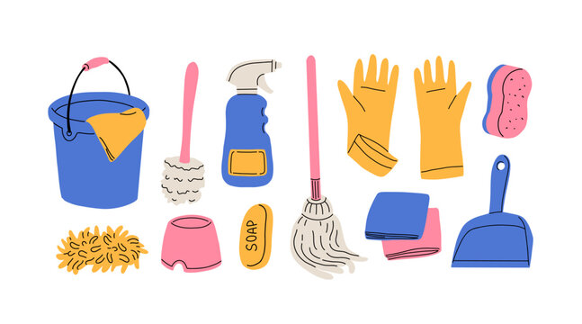 Cleaning supplies set. Home chemical detergent in bottles, household tools, equipment. Brush, mop and gloves, housework accessories. Flat graphic vector illustrations isolated on white background