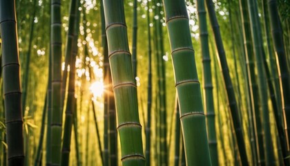 Obraz premium bamboo forest and the sun breaks through the stems. Ai generated