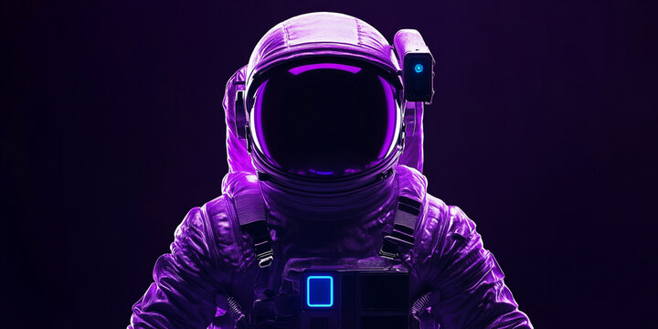 A lone astronaut stands illuminated by vibrant neon lights, their futuristic spacesuit glowing in shades of purple and blue. The mysterious backdrop highlights the elegance of space exploration