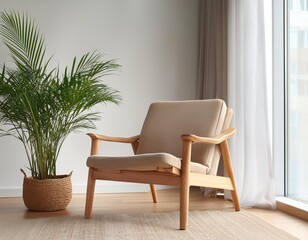 Minimalist Living Room with Wooden Chair and Plant