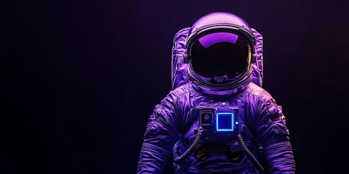 A lone astronaut stands illuminated by a soft, otherworldly purple glow. The sleek spacesuit and minimalistic backdrop create an atmosphere of mystery and futuristic exploration in the depths of space