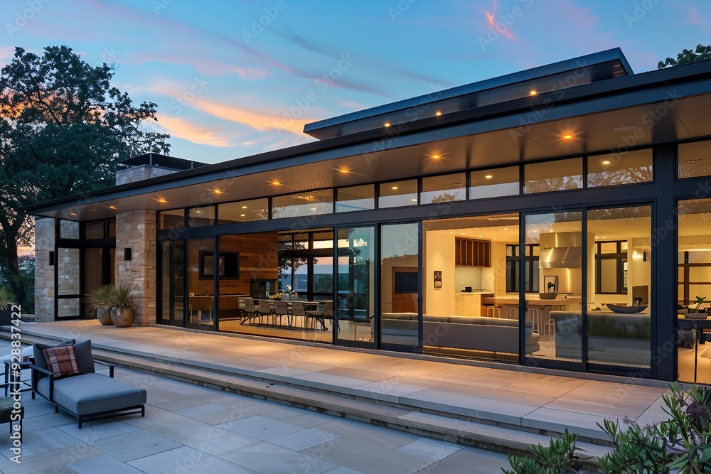 Wall mural Modern Glass and Stone Home with Outdoor Patio at Dusk