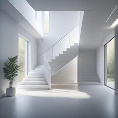 Fototapeta premium Minimalist Modern Interior Design With White Stairs And Light