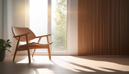 Fototapeta premium Minimalist Room Interior Design with a Wooden Chair and Sunlight