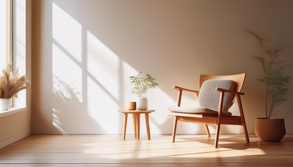 Fototapeta premium Minimalist Room Interior Design with a Wooden Chair and Sunlight