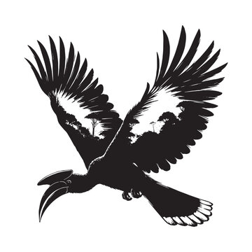 recommend clip art: silhouette of Hornbill filled with nature view in rough drawing