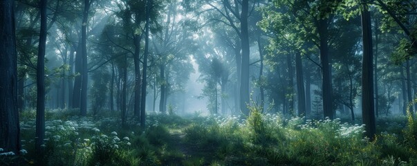 Obraz premium Mystical forest with towering trees and mist, 4K hyperrealistic photo