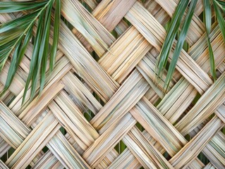 Sukkot celebration background with palm leaves and woven texture design for card or poster
