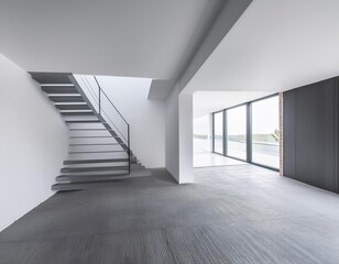 Obraz premium Minimalist White Interior Design with Concrete Floor and Staircase