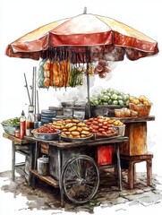 Watercolor Illustration of a Street Food Cart in Asia