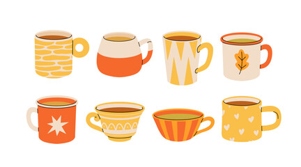 Set of various tea cups and teapot. Cute autumn dishes different shapes and ornaments. Hand drawn color vector illustration isolated on white background. Modern flat cartoon style.