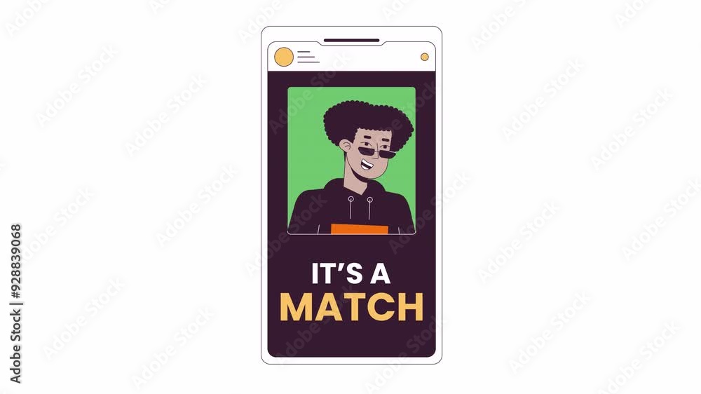 Poster dating app match on mobile screen 2d object animation. find soulmate on smartphone application flat 