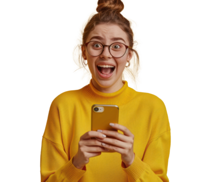 Excited  student feels euphoric celebrating online win success achievement result