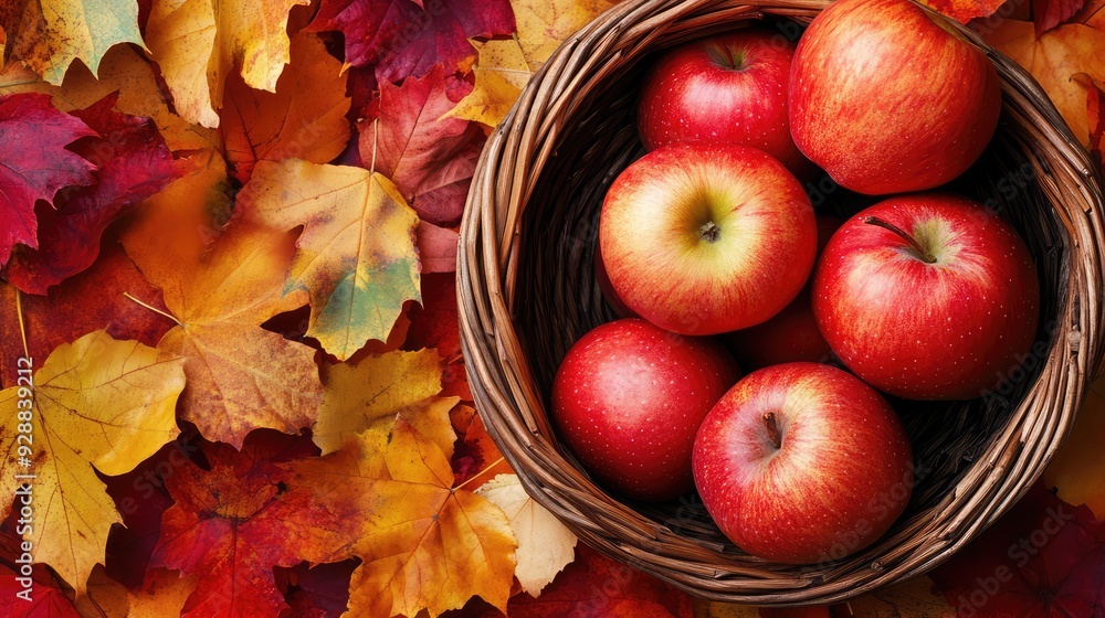 Poster Autumn, autumn apples in basket on background with copy space. The generation of AI