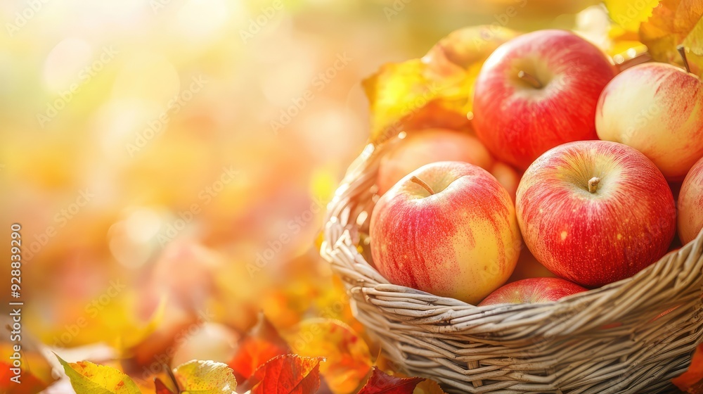 Wall mural Autumn, autumn apples in basket on background with copy space. The generation of AI