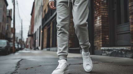 Obraz premium A person walks down a wet urban street wearing grey sweatpants and white sneakers, surrounded by brick buildings and parked cars.