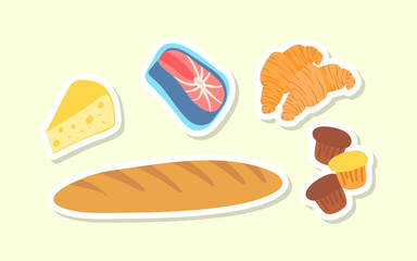 Cartoon Color Grocery Stuffs Stickers Set Nutrition Concept Flat Design Style Include of Cheese and Fish. Vector illustration