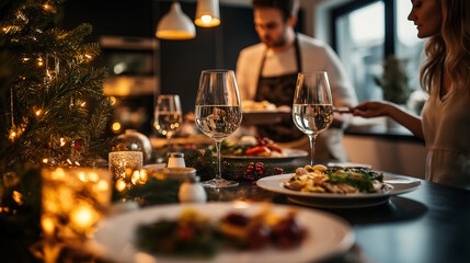 Couple preparing festive Christmas dinner at home, man carving roast turkey on elegant table with wine glasses and holiday decorations in cozy atmosphere