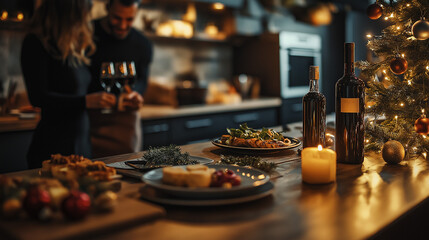 Couple preparing festive Christmas dinner at home, man carving roast turkey on elegant table with wine glasses and holiday decorations in cozy atmosphere