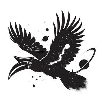 recommend clip art: silhouette of Hornbill filled with space and sci-fi element in rough drawing