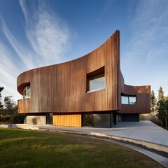 Obraz premium Modern Architecture House with Curved Walls and Wooden Panels