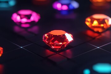 Cyber gem mining, holographic interface, matrix-style grid, luminous gemstones, dark and glowing environment, advanced technology