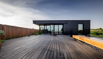 Fototapeta premium Modern Black House with Wooden Deck and Large Windows
