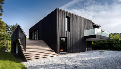 Fototapeta premium Modern Black Wooden House with Concrete Stairs