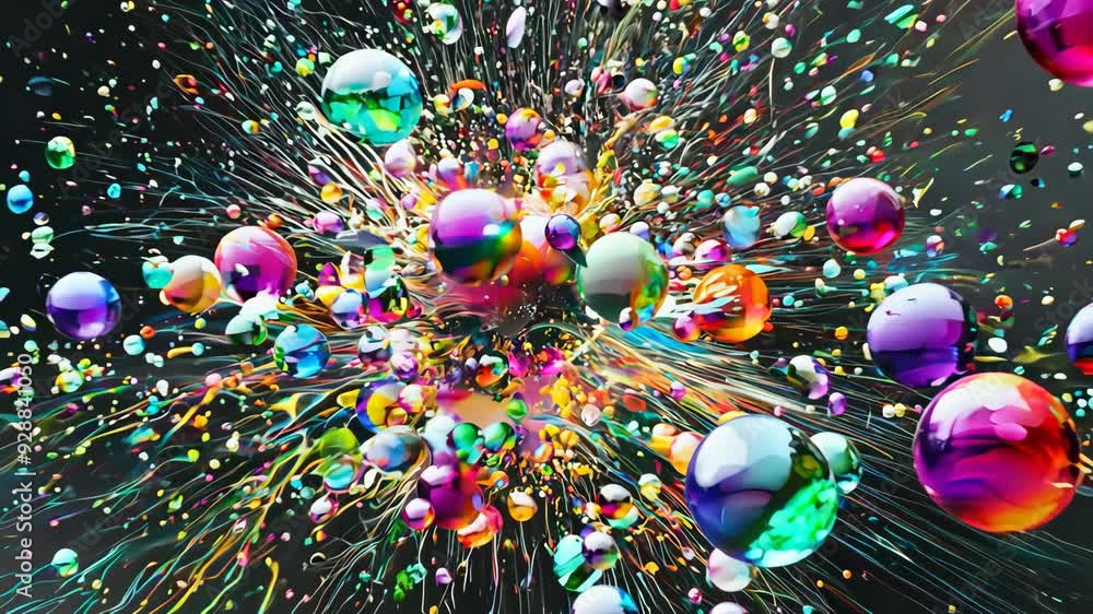 Poster multicolored spheres exploding on black background