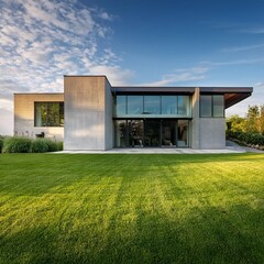 Obraz premium Modern Concrete House with Large Windows and Green Lawn