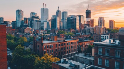 Obraz premium A vibrant city skyline at sunset, showcasing modern buildings and urban life.