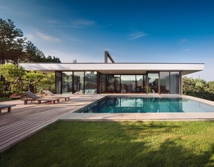 Fototapeta premium Modern Glass House with Pool and Garden