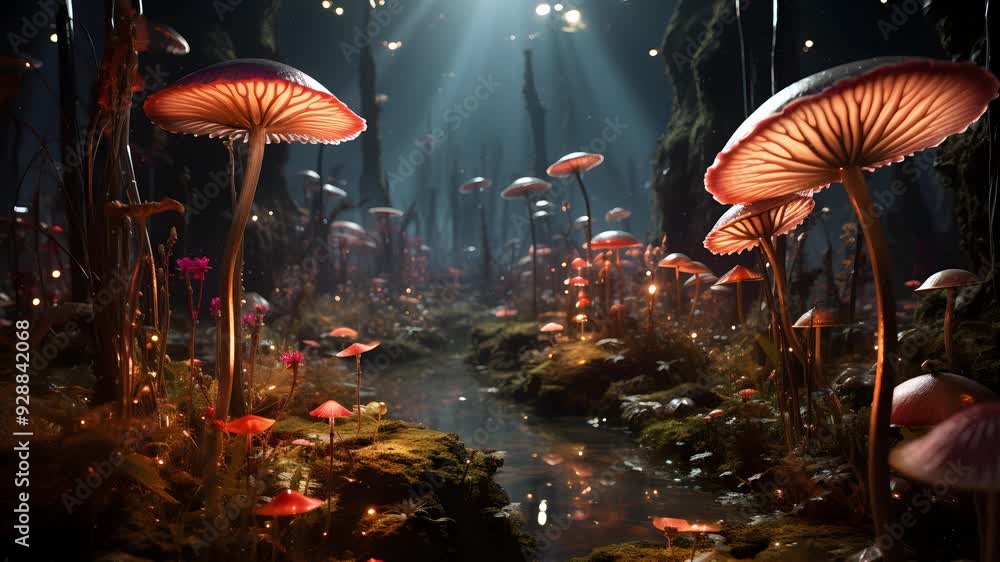 Poster a magical forest with glowing mushrooms and a stream running through it. light beams down through th