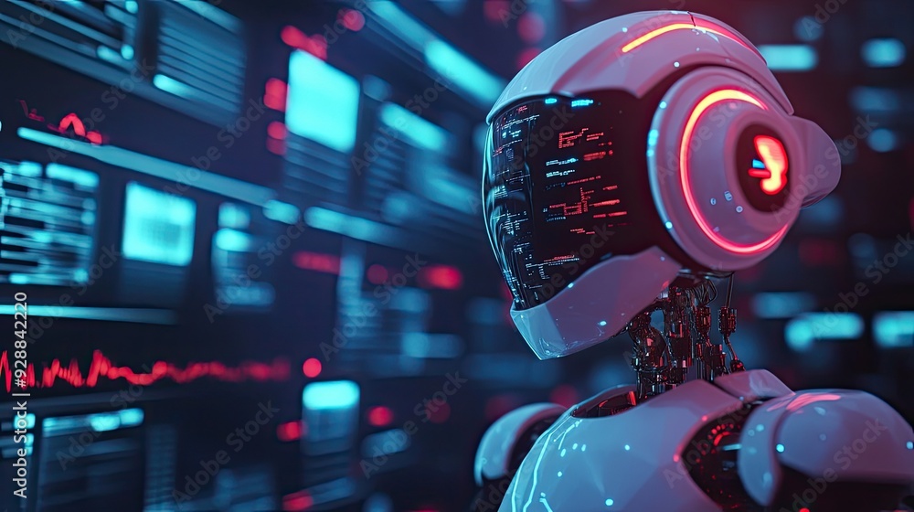 Poster 3d-rendered ai robot controlling financial technology, representing the role of machine learning and