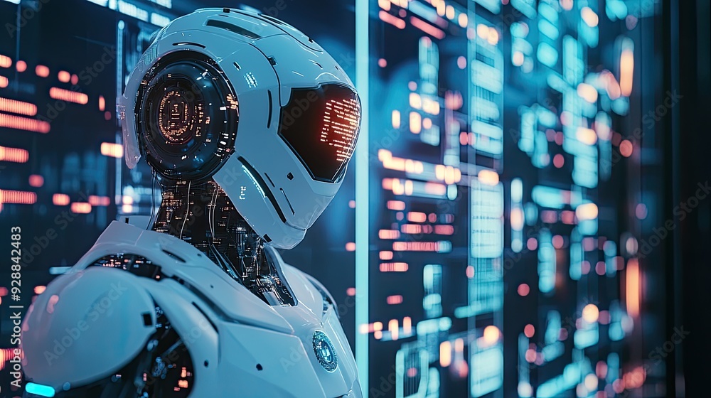 Poster 3d-rendered ai robot controlling financial technology, representing the role of machine learning and