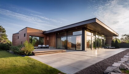 Fototapeta premium Modern Home with Large Windows and Concrete Patio