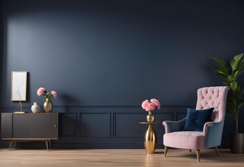 A modern living room with a dark blue accent wall, a tufted blue sofa, a gold floor lamp, and a decorative vase with pink flowers on a wooden side table.
