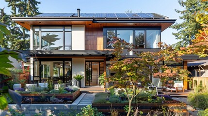 Modern House with Solar Panels and Lush Garden