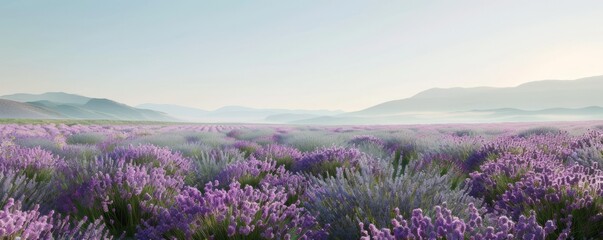 Fototapeta premium Purple lavender field under clear sky, 4K hyperrealistic photo