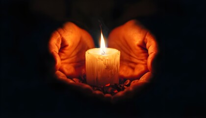 Hands holding burning candle in the dark prayer and spirituality concept
