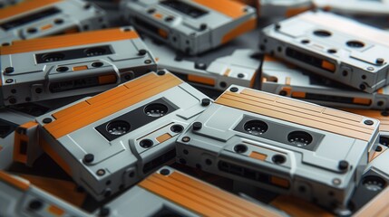 Obraz premium Detailed retro orange and gray cassette tapes closeup image. Classic design and vintage appeal mechanical parts close up photography. Old technology concept photo realistic