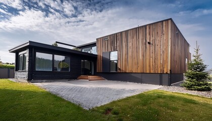 Fototapeta premium Modern House with Black and Wood Siding